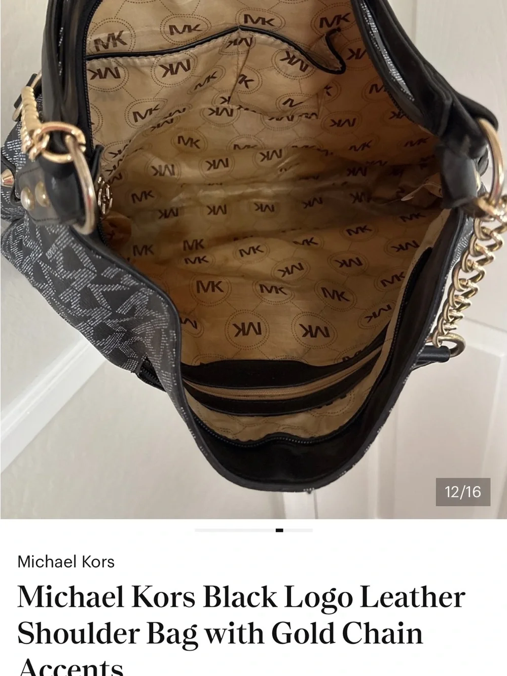 Michael Kors MK Monogram Black Gray Hobo Shoulder Bag Chain Strap